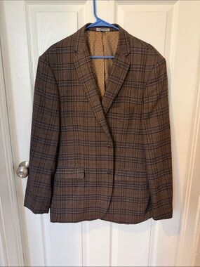 Johnston & Murphy Brown Plaid Wool Sport Coat Blazer with Navy Windowpane